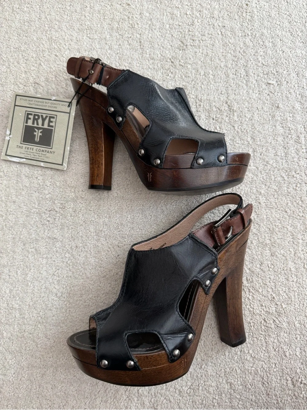 Frye Black Leather and Brown Wood Platform Slingback Heels